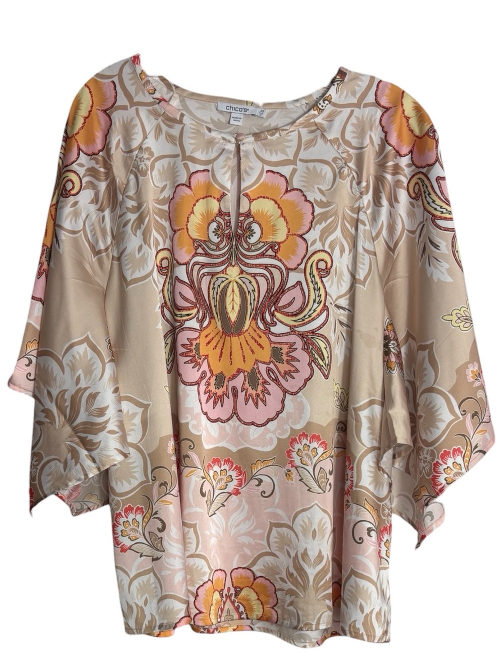 CHICO's Beige Cream Blouse w/ Pink and Yellow Floral Print Size 2.5 (14) - Picture 4 of 13